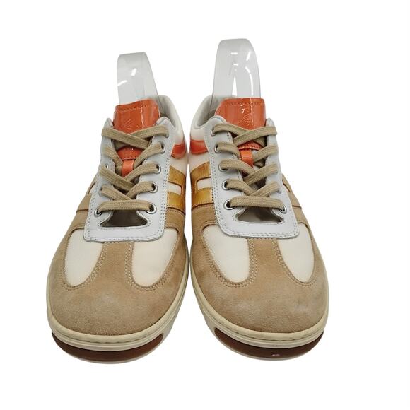 Hogan Womens Size 10 Logo Sneakers Trainers Orange Gold Tan Patent Leather Suede - Picture 3 of 11